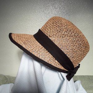 Straw Sun Bonnet Style Hat with Black Trim